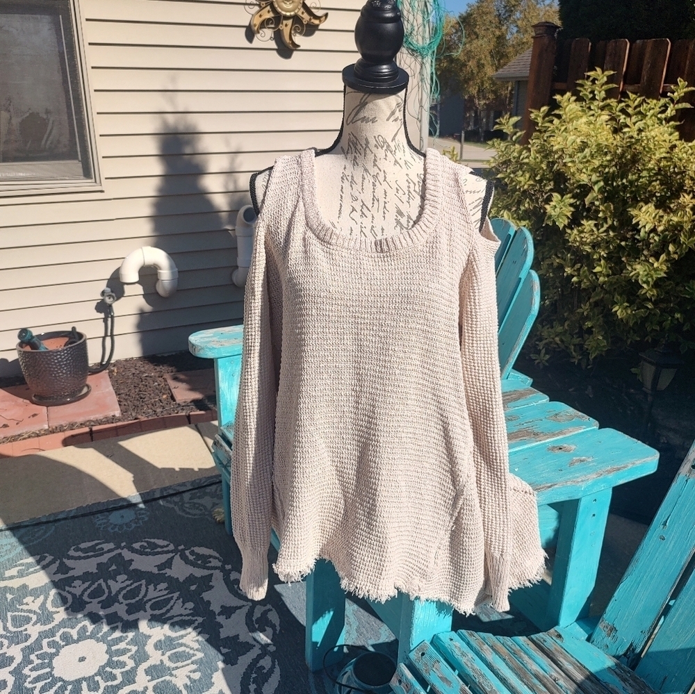 Kaisely XL Cold Shoulder Cream Sweater! Baggy patchwork distressed - Picture 9 of 15